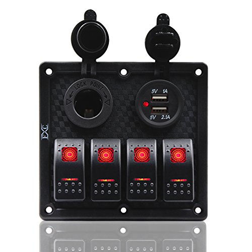 FXC Switch Panel, 4 Gang Waterproof Rocker Switches Panel with DC 5V 4.2A Dual USB/Power Charger Socket (Cigarette Lighter Socket) and 4 LED Lights Switch for Car Marine Boat Trailer - Red