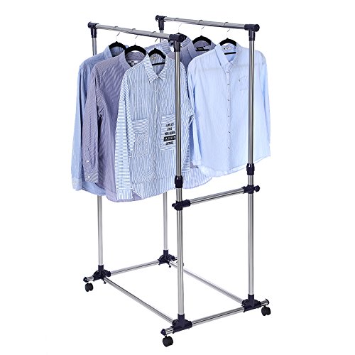 Songmics Doppel Stange Kleiderständer mit Rollen Höhe 100-165 cm, Edelstahl plattierte Rohre LLR03L - 3