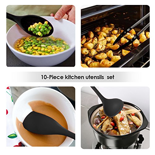 10 Küchenutensilien aus Silikon Sets, Home cookingtools enthält Backen Spoonula, Pinsel, Schneebesen, klein und groß Pfannenwender, Schöpflöffel, Schlitz Turner & Löffel, Zange, Pasta Gabel (Schwarz) - 5