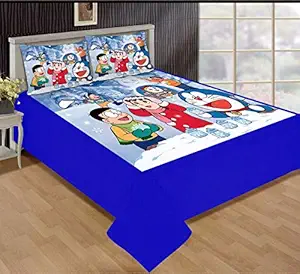 MostlyHomely Cartoon Character doremon Velvet Design for Kids Double Bed Queen Size 90 X 100 inch Queen/King Size Pure Glace Cotton bedsheet Set for Kids with Two Pillow Covers