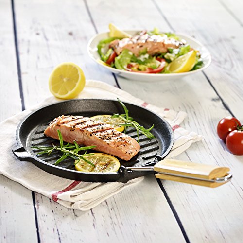 Big-BBQ Grill- und Steakpfanne aus Gusseisen | 22 cm mit festem oder klappbaren Holzgriff | Grillpfanne mit geriffeltem Boden oder als Bratpfanne mit glattem Boden und hohen Rand | fertig eingebrannt und sofort einsatzbereit | Ausführung: #4 Rund mit Klappgriff - 6