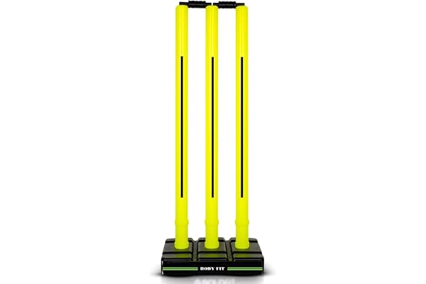 Bodyfit Heavy Cricket Stumps Plastic Wickets Set with 3 Stumps + 2 Bails + 1 Stand Full Size Wickets for Cricket Ground.(700-750Gm) Floro Yellow-Black.