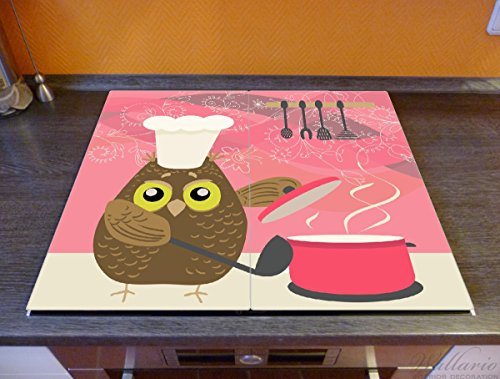 Wallario Herdabdeckplatte / Spritzschutz aus Glas, 2-teilig, 60x52cm, für Ceran- und Induktionsherde, Lustige Eule beim Kochen mit Kochmütze - 2