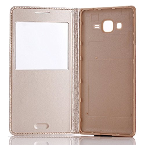 e-max 4 in 1 Schutzhülle Flip Cover mit rundem Sichtfenster für Samsung Galaxy Grand Prime SM-G530FZ, inklusive Displayschutzfolie und Eingabestift, Weiß - 4