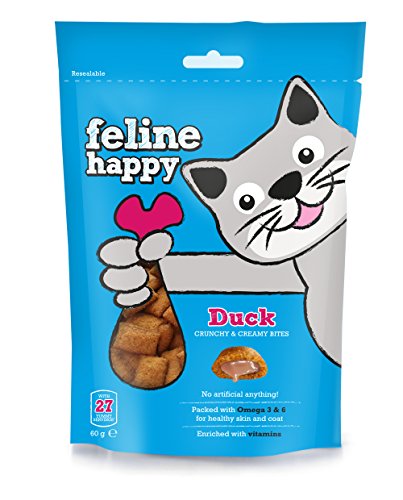 Marca y Chappell Happy Feline Cat Treats 60 g de pato con paquete