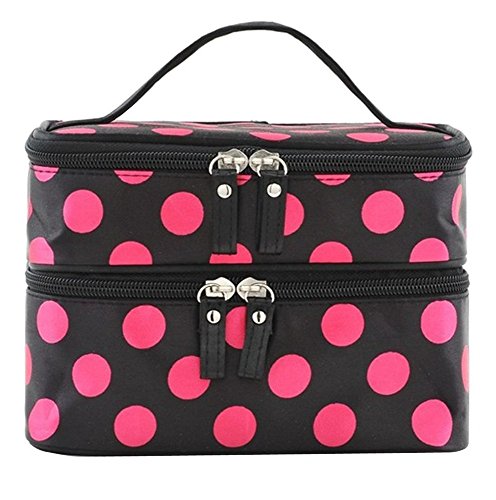 SupplyEU Polka Dots Pattern Double Layer Dual Zipper Makeup Case Cosmetic Hand Bag Tool Storage Toiletry With Mirror