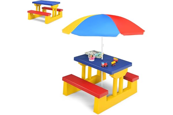 COSTWAY Table de Pique-Nique Enfants avec Parasol Amovible, Salon de Jardin Enfants avec 1 Table et 2 Bancs Colorées, Cadre Solide pour Jardin Terrasse Patio, 107 x 107 x 137 CM