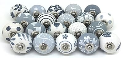 handicraft india Boutons de porte en céramique vintage shabby chic Armoire de tiroir Poignées Lot de 10 boutons de gris et blanc