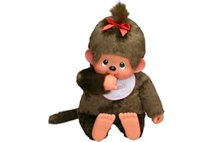 Sekiguchi 255630 - Original Monchhichi Mädchen, Plüschtier mit weiß-pinkem Lätzchen und roter Schleife im Haar, ca. 80 cm großes Kuscheltier aus braunem Plüsch