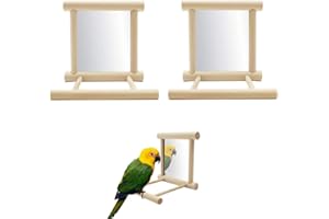 SEULLY 2 Pcs Parrot Bird Mirror,Bird Stand Perch with Mirror,Birdcage Perches Mirror Chew Toy,Cockatoo Cage Wood Toy for African Grey Macaw/Parakeet Cockatiels Conure/Lovebirds