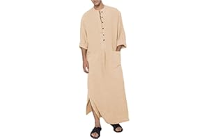 YAOHUOLE Men's Long Sleeve Thobe Button Up Abaya Long Gown Side Split Kaftan Robe with Pockets