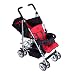 Duo Double Twin Tandem Pushchair by Kidz Kargo. 2 seat units, fully reclining lie back at the rear. Suitable for newborn or up to 33lb/15kg, front seat from 6 months. Rain cover. Black/Red