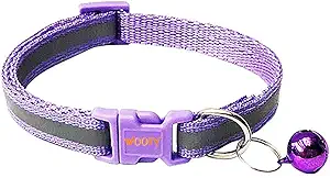 Woofy Reflective Cat Collar with Bell Basic Dog Cat Collar Buckle Adjustable Nylon Cat Dog Collar Safe Pets Belt Small Size 10 MM (Purple Color)