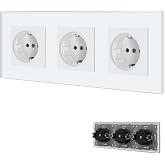BSEED Wall Plug with Glass Panel, White Triple Schuko Plug with Clips, 16A 250V Recessed Power Outlets, Wall Plug Apply for K