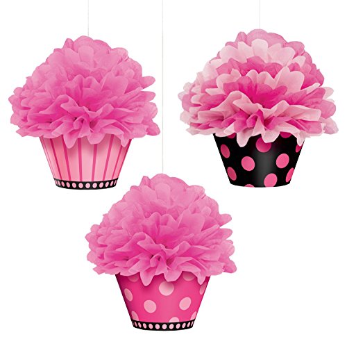 Amscan 180007 - Hängedekoration - Pom Pom Cupcake, 3 Stück, circa 26 cm, rosa