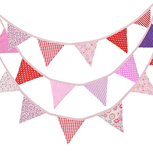 Fabric Bunting, Ndier Pink Flag Banner Vintage Floral Party Decor 32 Feet Double Sided Triangle Pennant Flag Shabby Chic Decoration for Valentine's Day Wedding Birthday Ceremony
