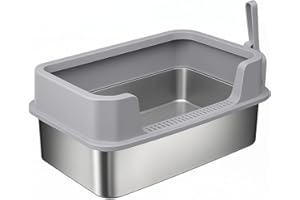 VIVO TECHNOLOGIES Stainless Steel Cat Litter Tray with High Detachable Enclosure, Large Metal Litter Tray with Litter Scoop for All Cats, Leak-Proof,Non Stick Surface, Easy to Clean, 50(L) x36(W) x 26(H) cm, Silver