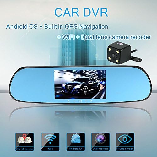 Kkmoon 5 Inch 1080P Android Smart System GPS Navigation WiFi Car Rear View Mirror Double Lens Car DVR Camera Recorder with Card Built-in