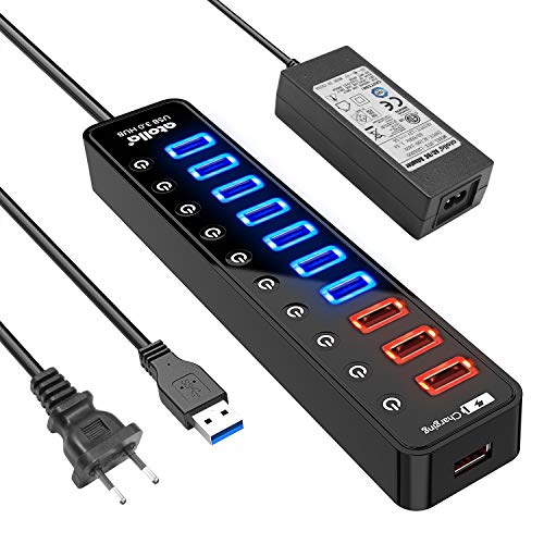 Atolla Hub USB 3.0, 11 Porte USB Hub?7 Porte Hub USB 3.0 e 4 Porte di Ricarica Intelligenti?con Indipendente Interruttori on/off e 12V/4A Adattatore Adattatore d'Alimentazione