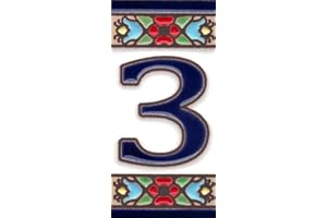 TORO DEL ORO Números para casas. Números y Letras en cerámica esmaltada, Pintados a Mano con la técnica de la cuerda seca. Nombres y direcciones. Mini Flor Azul 3,5 cms x 7,5 cms (Número tres "3")