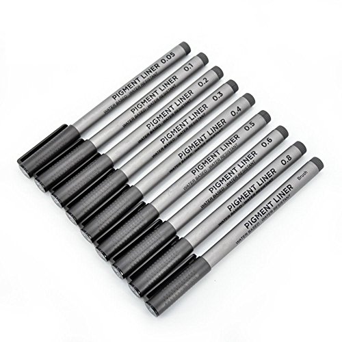 INIBUD Fineliner set 9er Pigment Liner Tuschestift Schwarz 0.05mm 0.1mm 0.2mm 0.3mm 0.4mm 0.5mm 0.6mm 0.8mm Brush pen artist pen Finepen, mit GRATIS Pen Box