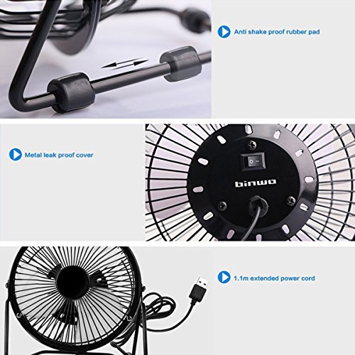 USB Ventilator, Binwo Ruhiger Persönlicher Mini Tischventilator, Tragbarer Metall-Lüfter für Büro, zu Hause, Schule und Camping, Hohe Kompatibilität, Energieeinsparend, 360 Grad Drehung, 6 Zoll (Schwarz) - 5