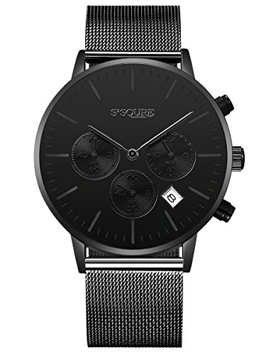 Alienwork All Black Armbanduhr Herren Damen schwarz Metall Mesh Armband Edelstahl Kalender Datum