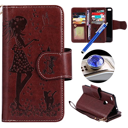 Huawei P8 Lite 2017 Leather Case,Huawei P8 Lite 2017 Wallet Case,Etsue[9 Card Slots]Pressed Girl Flower Cat Bird Pattern Retro Bookstyle Flip Case Cover with Strap Leather Wallet Case for Huawei P8 Lite 2017+Blue Stylus Pen+Bling Glitter Diamond Dust Plug(Colors Random)-Girl Cat,Brown