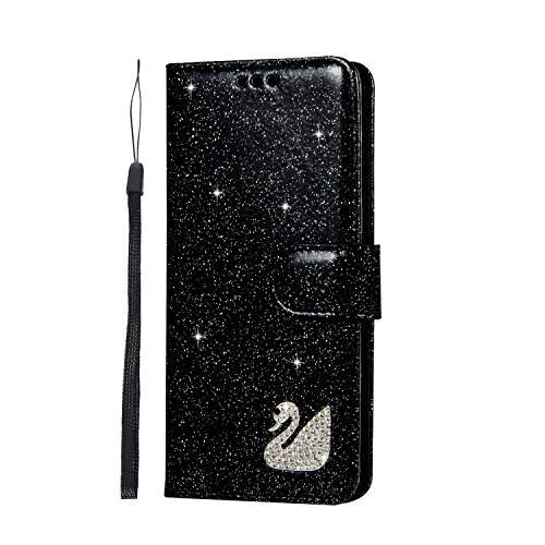 Preisvergleich Produktbild Homikon PU Leder Hülle Schön Glänzend Glitzer Diamant Schwan Schutzhülle Brieftasche Lederhülle Bookstyle Handyhülle Magnetverschluss Tasche Kompatibel mit Samsung Galaxy A7 2018 A750 - Schwarz