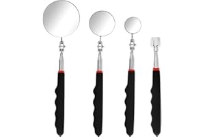 JETHMA 4PCS Telescoping Inspection Mirror Set with Magnetic Pick-Up Tool, 360° Swivel Extendable Round Mirror Tool for Mechanics, Stainless Steel Automotive Mirror for Hard-to-Reach Areas