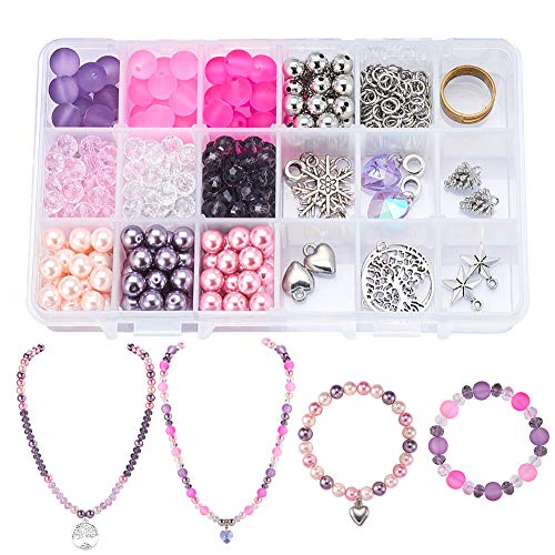 SUNNYCLUE 1 Set 452pcs DIY Necklace Bracelet Jewellery Making Starter Kit, Frosted Round Faceted Abacus Glass Beads, Tools Kit and Elastic Wire Jewellery Findings Set are Included(Pinkish Purple)