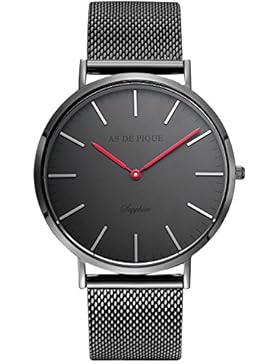 AS DE PIQUE Classic Luxus Armbanduhr schweizer Uhrwerk kratzfestes Saphirglas Mesharmband schwarz rote Zeiger