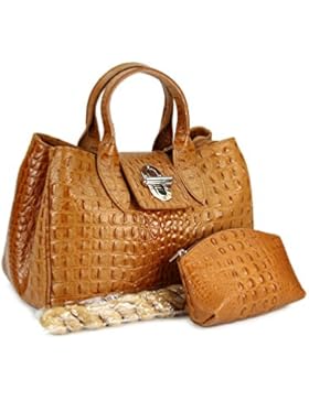 BELLI Set 3in1 VERA PELLE! Echt Leder Handtasche + Kosm. Tasche cognac Kroko Prägung + Tuch