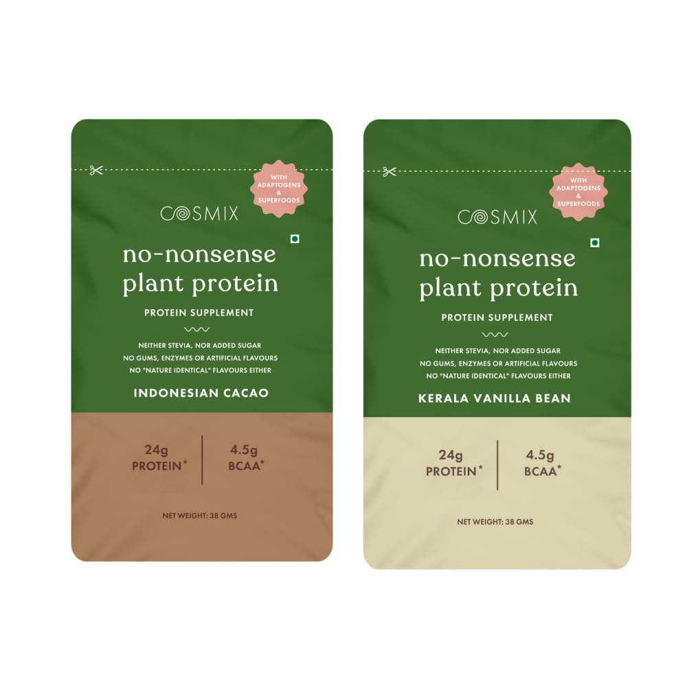 Cosmix No-Nonsense Plant Protein | 2 Assorted Sachet 38g each | Indonesian Cacao, Kerala Vanilla | Rice & Pea Protein Isolate