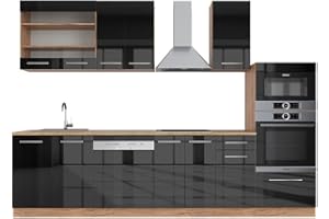 Vicco cucina componibile Fame-Line, Antracite lucido/oro power oak, 300 cm con armadio alto, senza piano di lavoro
