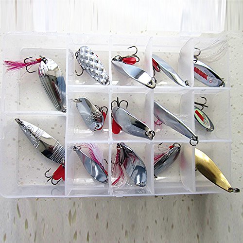 LaDicha 14Pc Fishing Spoon Treble Feather Hook Spinner Bait With Box