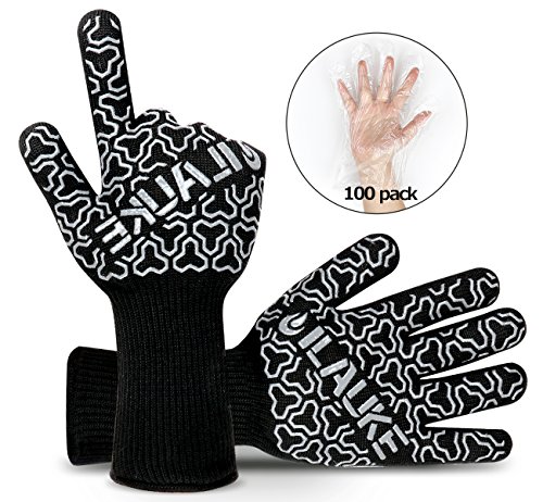 Grillhandschuhe Premium bis 500 °C Grill Ofenhansschuhe ilauke Kamin Backen Hitzebeständige Handschuhe aus Kevlar-Nomex Gewebe EN407 2er extra lang für extreme Sicherheit gratis 100 Einweg Handschuhe