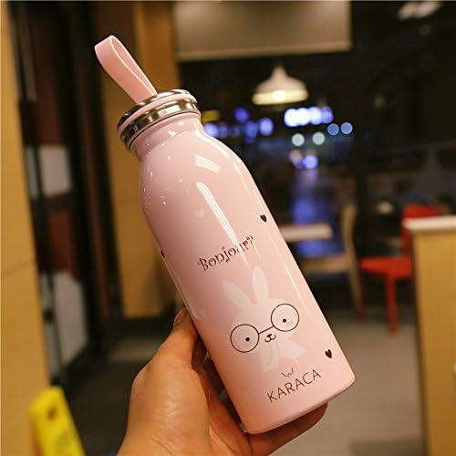 Damlonby Fresh arts portable cute stainless steel vacuum flask vacuum cartoon boys and girls water cups, pink rabbit 450ml