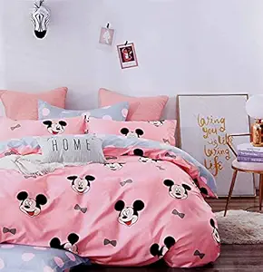 Amazon Offered Pink MickeyPrint Ultrasoft Glace Cotton Bedsheet for Kids Double Bed Boys / Girls - Sheet Size 90 x 100 inch with 2 Pillow Covers