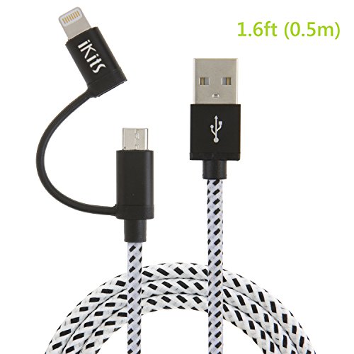 iKits Lightning und Micro USB 2-in-1 Kabel 0.5m Nylon USB Ladekabel, Lightning auf USB & Micro USB Kabel, Daten Synchronisieren für iPhone 7 7Plus, 6s 6s Plus, 6, 6Plus, 5s und Android Smartphones