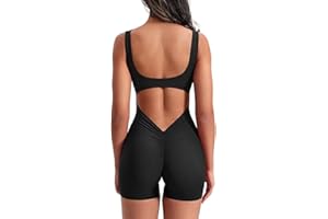 Havejoy Combishort de Sport Femme Dos Nu Sans Couture Scrunch Butt Lift Body Col Carré Combinaison Courte Sans Manches Jumpsuit Yoga Combi Short Ete Plage Vetement de Fitness Survêtement pour Jogging