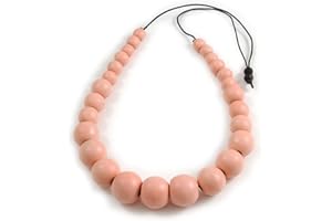 Avalaya Chunky Pastel Pink Graduated Wood Bead Black Cord Necklace - 84cm Max/Adjustable