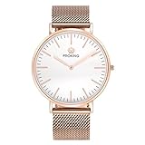 Herren Armbanduhren,PROKING Luxus Ultrathin Rose Gold Analog Quarz Business Armbanduhr Edelstahl Elegantes Kleid Wasserdicht Sapphire Paar Uhren mit Gratis Echtlederband (Mann weiß Zifferblatt)