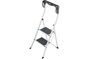 Hailo K75 ComfortLine - Escalera plegable de 2 peldaños de acero con barra de seguridad y bandeja de almacenamiento, altura de trabajo hasta 2,47 m, peso: 5 kg, color blanco