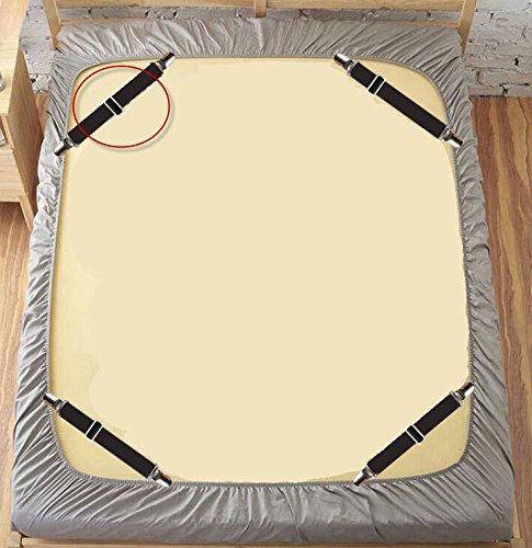 Angelkiss 4er-Pack Verstellbare Elastische Bettlakenspanner Betttuchspanner Spannbettlakenhalter mit Metallklammern für Bettlaken und dünne Bettdecken (schwarz) - 7