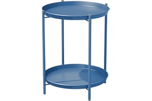 Grand patio Table d'appoint Ronde, Table Basse à 2 Niveaux, Montage Facile, Cadre en Acier, Bout de Canapé, Table de Chevet pour Salon, Balcon (Paon Bleu)