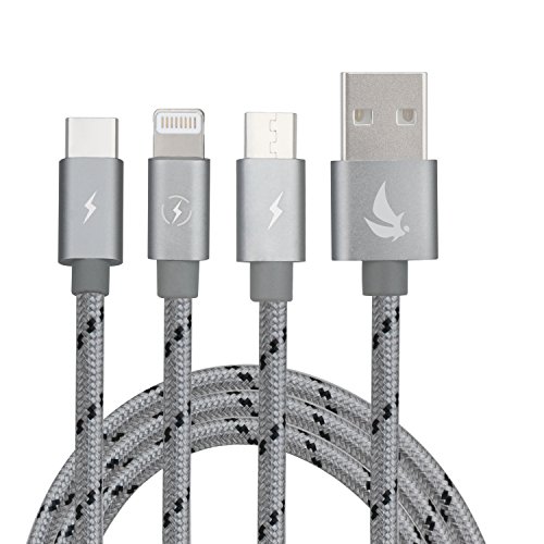 EliteSoft Nylon Ladekabel Micro-USB Lightning Kabel High Speed 4.9ft 3 in 1. Apple iPhone7, 6, 5 ,4 und Android Smartphones, Samsung, HTC, Sony, Nexus und mehr ertragung Aluminium 2 Kabel