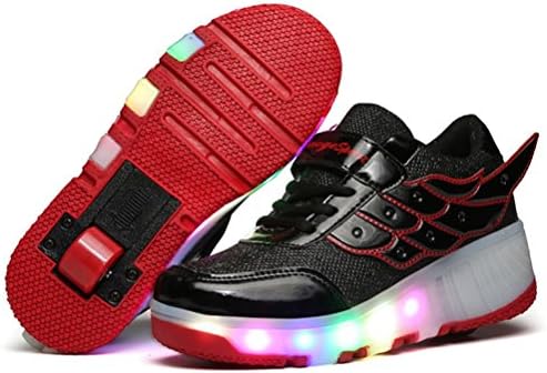 TeraSeven Unisex LED light Heelys Shoes Wing Style Rolls Adjustable Skates Rollerblades Inline Skates Single Wheel Boys Girls Kids Unisex Adults Black Red(2.5 UK)