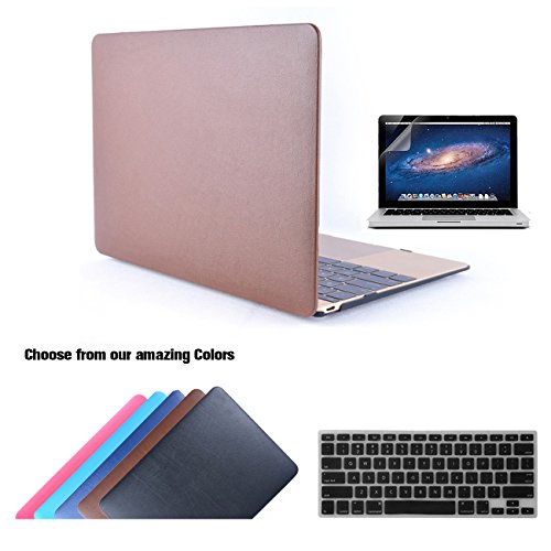 Macbook 12 Retina Hülle Case Tastaturschutzfolie Displayschutzfolie 3 in 1 Kit, TECOOL [Ultra Dünn Serien] Leder Hartschale Schutzhülle Case für MacBook 12 Zoll mit Retina Display Modell: A1534 - Braun