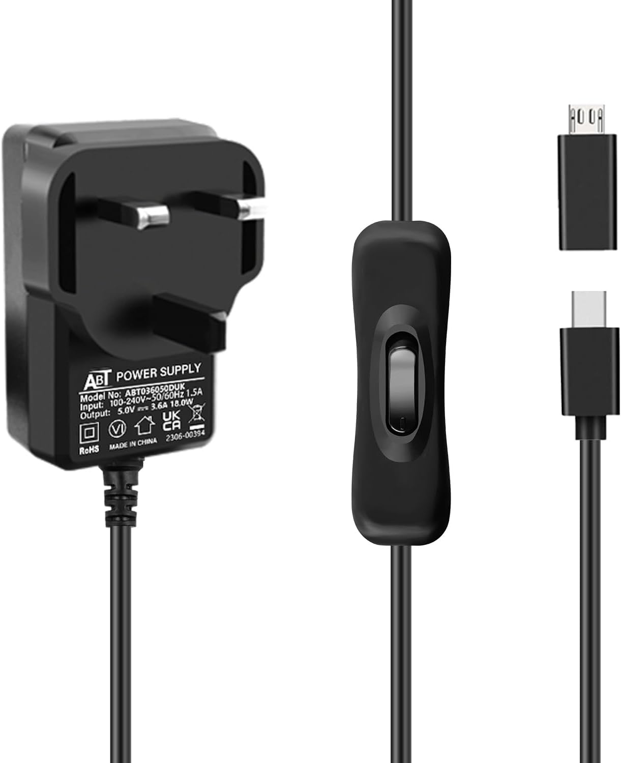 GeeekPi USB-C Power Supply UK Plug for Raspberry Pi 4 With On/Off Switch,5V 3.6A Type C PSU with Micro USB Adapter for Raspberry Pi 4B/3B+/3B/Orange Pi 5 /5B /5 Plus